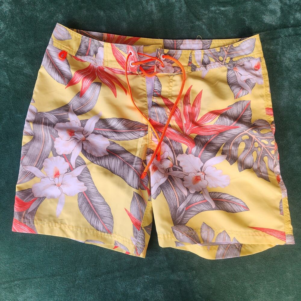 Sundek Mens 31 Tropical Floral Board Shorts Yellow Surf Swim Trunks Beach Y2K